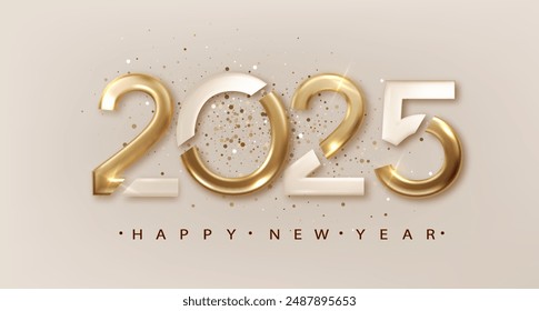 2025 New Year with golden golden ribbon. Festive Christmas banner with falling confetti on bright background. Realistic 2025 Golden 3d number