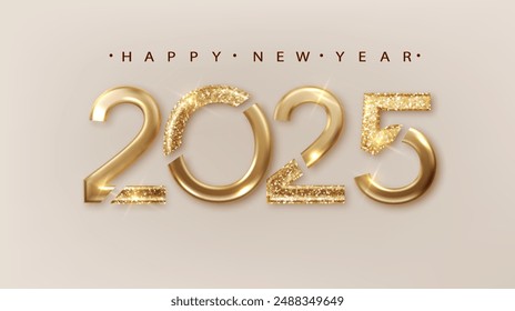 2025 New Year with golden golden ribbon. Festive Christmas banner with falling confetti on bright background. Realistic 2025 Golden 3d number