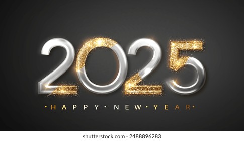 2025 New Year with golden golden ribbon. Festive Christmas banner with falling confetti on bright background. Realistic 2025 Golden 3d number