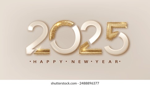 2025 New Year with golden golden ribbon. Festive Christmas banner with falling confetti on bright background. Realistic 2025 Golden 3d number