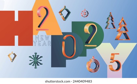 2025 new year greeting banner, background, web, card, wallpaper, layout, template. Christmas tree toys ornament	