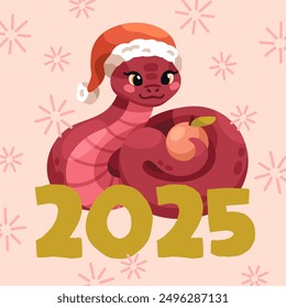 2025 New Year, greeting card design. Chinese holiday postcard, cute funny happy snake mascot. CNY, square background, festive animal symbol in Santa hat. Kids childish flat cartoon vector illustration