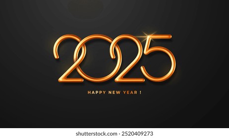 2025 New Year greeting card, elegance horizontal banner template. Luxury 3d realistic thin golden metallic numbers 2025 isolated on black clean background. Vector illustration