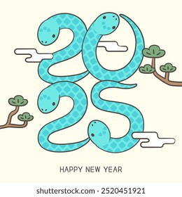 Tarjeta de felicitación del año Nuevo 2025 con una ilustración de serpiente azul