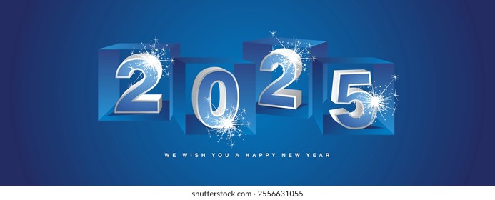 2025 New Year greeting card. Abstract dice cubes with light blue silver white 3d letters 2025 and sparkle firework on blue background banner