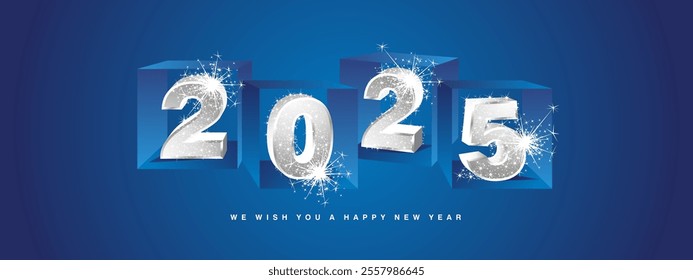 2025 New Year greeting card. Abstract silver glitter dice cubes with 3d letters 2025 and sparkle firework on blue background banner