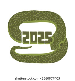 2025 new year greeting card with snake vector illustration. Hand drawn serpent with number. Lunar calendar symbol. Holiday design.