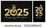 2025 new year greeting cards with glass of sparkling wine. Black background and gold colors. Elegant New Year