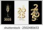 2025 new year greeting cards with glass of champagne. Black and white background and gold colors. Elegant New Year