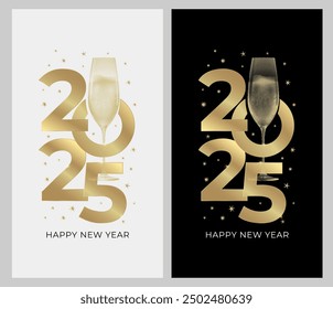 2025 new year greeting cards with glass of champagne. Black and white background and gold colors. Elegant New Year's Eve Banner. Vector