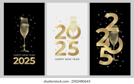 2025 new year greeting cards with glass of champagne. Black and white background and gold colors. Elegant New Year's Eve Banner. Vector