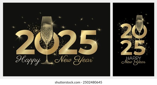 2025 new year greeting cards with glass of sparkling wine. Black background and gold colors. Elegant New Year's Eve Banner. Vector