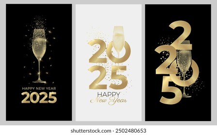 2025 new year greeting cards with glass of champagne. Black and white background and gold colors. Elegant New Year's Eve Banner. Vector