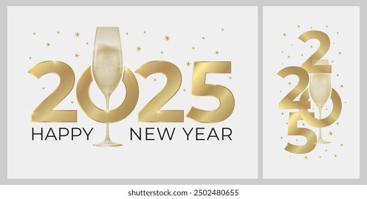 2025 new year greeting cards with glass of champagne. White background and gold colors. Elegant New Year's Eve Banner. Vector