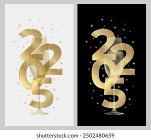 2025 new year greeting cards with glass of champagne. Black and white background and gold colors. Elegant New Year's Eve Banner. Vector