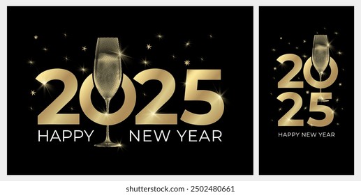 2025 new year greeting cards with glass of sparkling wine. Black background and gold colors. Elegant New Year's Eve Banner. Vector