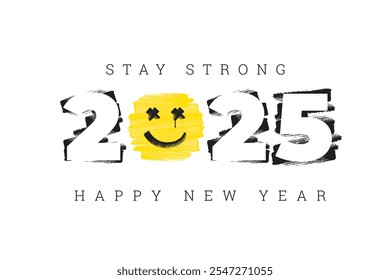 Concepto de saludo de año Nuevo 2025 con números Logo Brush Strokes Cara sonriente feliz con caída de pintura como letras fuertes de rasgón y permanencia - Negro y amarillo sobre fondo blanco - Diseño gráfico de Vector