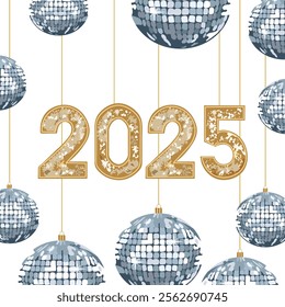 2025 New Year Greeting with Yellow Texture Number and Silver Baubles Hanging on White Background.