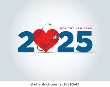 2024 Ano Novo Conceito de saúde. Ano novo saudável- ilustração vetorial criativo para 2024 ano novo. Estetoscópio médico com coração sorridente e fundo azul.