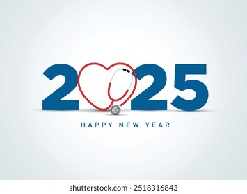 2025 new year Healthcare concept. Healthy new year- creative vector illustration for 2025 new year. Doctor stethoscope with smiling heart and blue background.