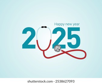 2025 año nuevo concepto de atención médica. Año nuevo saludable: Ilustración vectorial creativa para el año nuevo 2025. Estetoscopio del doctor con el corazón sonriente y el fondo azul.