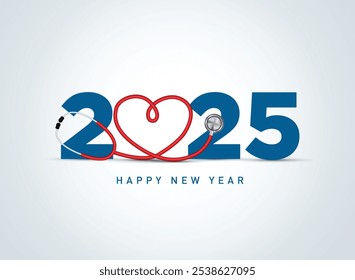 2025 new year Healthcare concept. Healthy new year- creative vector illustration for 2025 new year. Doctor stethoscope with smiling heart and blue background.