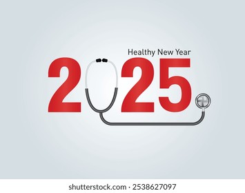 2025 Ano Novo conceito de saúde. Ano novo saudável- ilustração vetorial criativo para 2025 ano novo. Estetoscópio médico com coração sorridente e fundo azul.