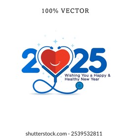 2025 neues Jahr Gesundheitskonzept. Doktor Stethoskop mit lächelndem Herz auf weißem Hintergrund. 2025 Gesundes neues Jahr kreative Wünsche Grußkarte, Social Media Post, Poster, Banner Design.