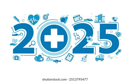 2025 Neujahr Gesundheits- und Wellnesskonzept mit Symbolen. Plan und Ziel des Gesundheitswesens, medizinische Dienstleistungen, Lebensversicherung . Vorlage für Hintergrund, Banner, Webvektor-Infografik.