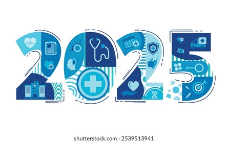 2025 año nuevo Salud y concepto de bienestar con iconos. Plan y meta de atención médica, servicios médicos, seguro de vida . Plantilla de fondo, Anuncio, Vector de Web infografía.