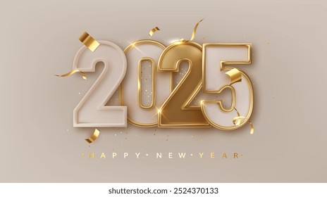 2025 New year. Holiday banner with numbers date 2025 Christmas decoration and confetti. Holiday greeting card design.