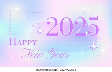 2025 New Year hologram banner. Neon gradient background, bubble chrome 3d stars, cosmic greeting Christmas flyer design. Futuristic aesthetics, future y3k contemporary art.