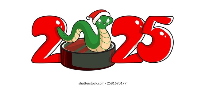 2025 New Year. Icon with a cute snake with santa claus hat on a hockey puck. Symbol of the New Year. Cartoon style. Vector illustration. 