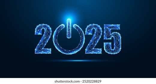 2025 New Year innovations with glowing 2025 digits and power button on dark blue background. Features modern technology, futuristic design, dynamic trends. Glowing low polygonal vector illustration.