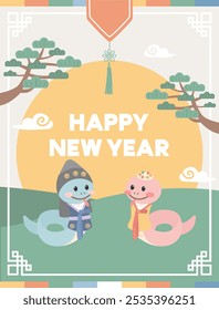 2025 New year. Korean traditional clothes 'hanbok' with snake character illustration.