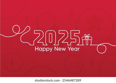 2025 New Year line design on red background, New year 2025 greeting. Merry Christmas and Happy new year 2025. 2025 line art style. vector illustration.