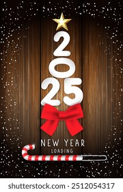 2025 New Year loading, greeting card with paper numbers, red bow and xmas star. Creative 3d numbers 2025 and Christmas candy cane for vector xmas sale design or event posters