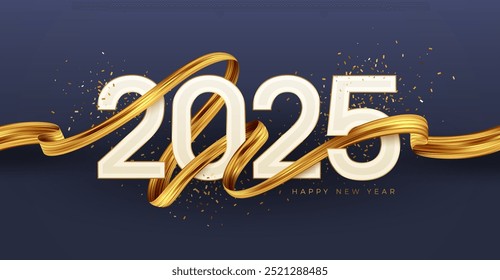 2025 New Year  logo with golden paint brushstroke and golden confetti. New Year sign with golden ribbon. Vector illustration.