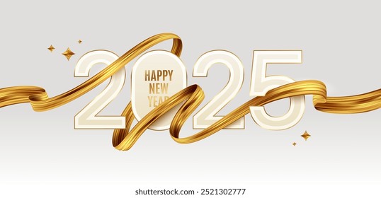 2025 New Year  logo with golden paint brushstroke.   New Year sign with golden ribbon. Vector illustration.