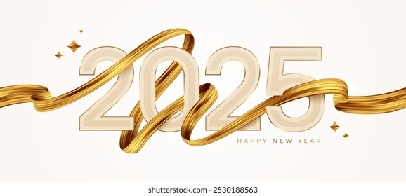 2025 New Year  logo with golden paint brushstroke. New Year sign with golden fluttering ribbon. Vector illustration.