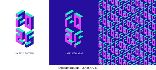 2025 New year logo. Holiday seamless pattern with isometric numbers 2025 in pink and violet colors. Happy new year set. Template packaging, printing on fabric, greeting card, brochure, poster, books