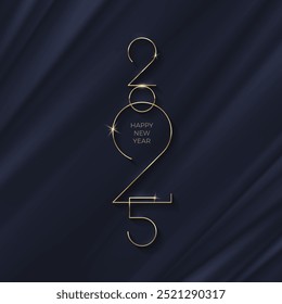 2025 new year logo on black abstract waves background. New year luxury greeting design for poster, flyer, invitation, postcard, advertising. Vector illustration.