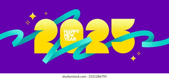 2025 New Year  logo with ribbon. New Year yellow sign with turquoise squiggle lines. Vector illustration with grainy texture.