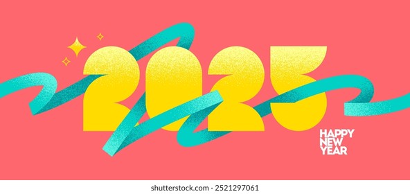 2025 logotipo de Ano Novo com fita. Sinal de Ano Novo com linhas de rabisco turquesa. Ilustração vetorial com textura granulada.