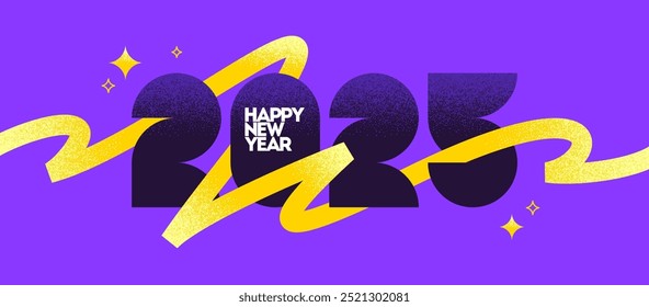 2025 New Year  logo with ribbon. New Year sign with yellow squiggle lines. Vector illustration with grainy texture.