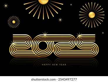 2025 new year luxury background decorated with golden line typography and glister firework. Design element template can be used for wallpaper, brochure, print, backdrop, vector illustration
