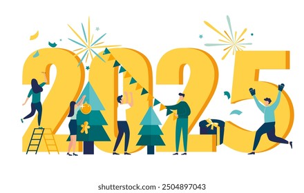 2025 new year and Merry Christmas  welcome. people are preparing for the New Year, are engaged in decoration, the inscription New Year 2025. Vector illustration little people Happy new year