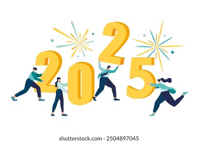 2025 new year and Merry Christmas  welcome. people are preparing for the New Year, are engaged in decoration, the inscription New Year 2025. Vector illustration little people Happy new year