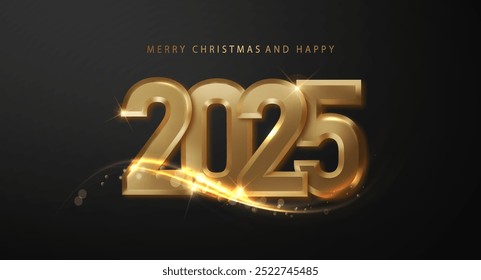 2025 Ano Novo e Feliz Natal. Número de metal realista em 3D dourado e design brilhante de onda de ouro, elegância radiante e celebração.