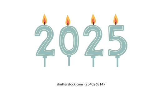 2025 New Year and Merry Christmas holiday party celebrating, greeting card vector illustration. Hand drawn flat style, 2025 candle numbers with fire, candlelight decor on white background